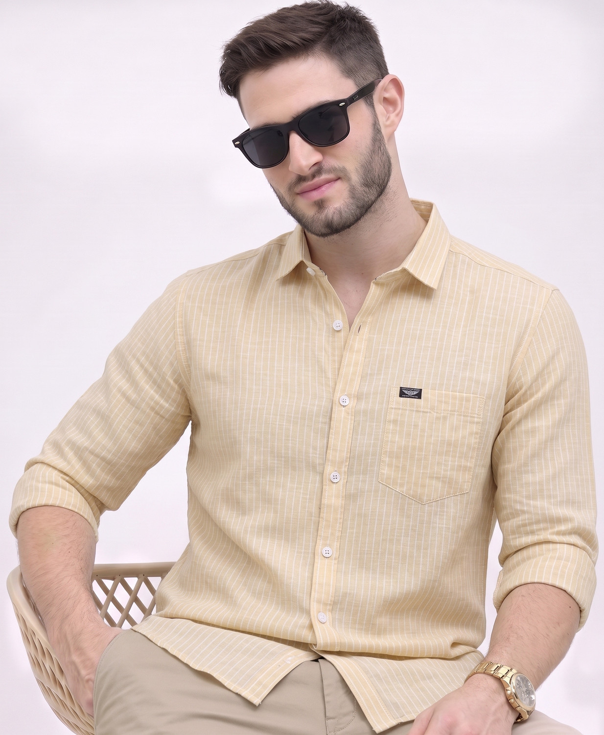 Image of METRONAUT Men Striped Casual Yellow Shirt