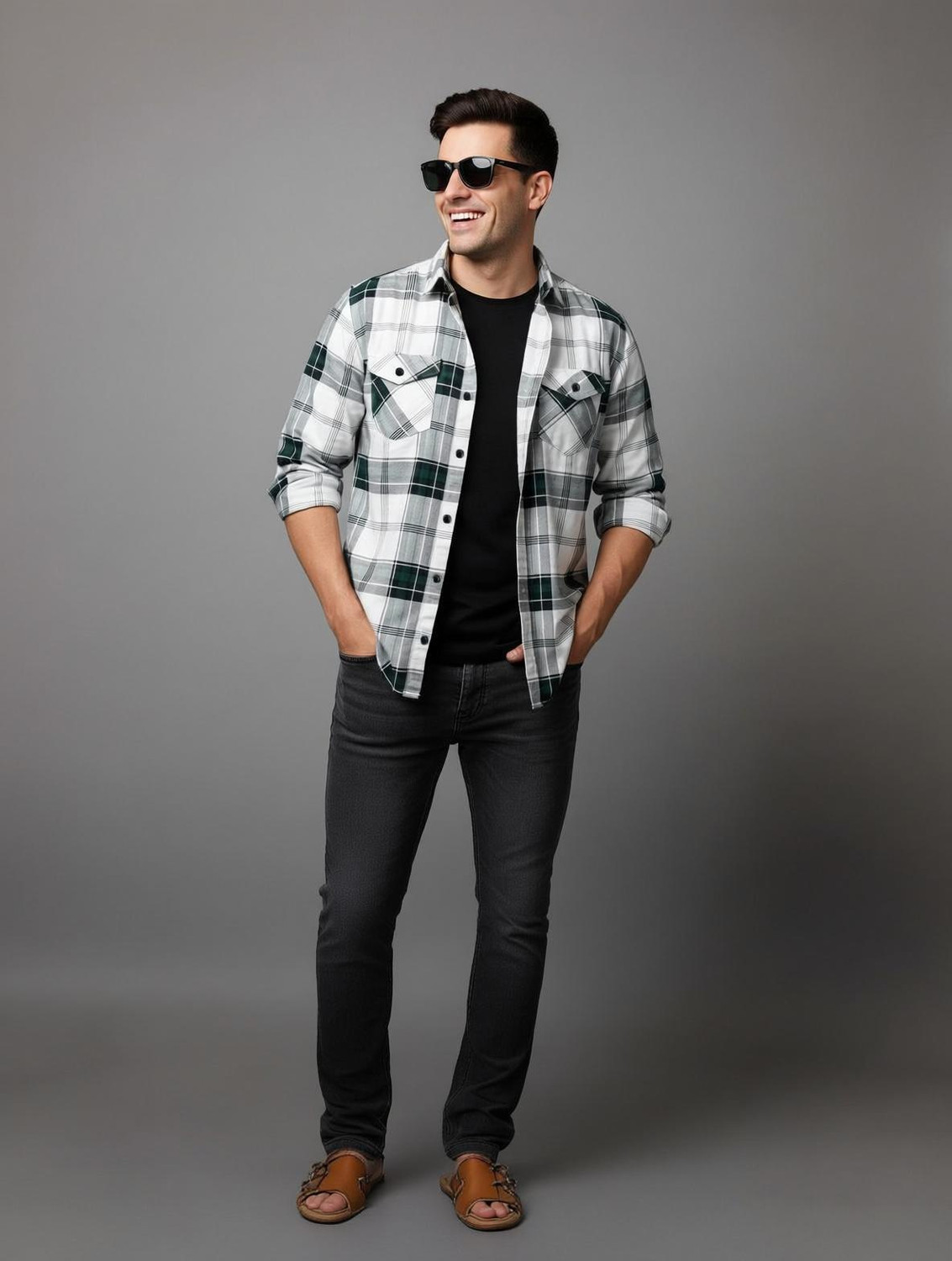Image of S-LINE Men Checkered Casual Dark Green Shirt