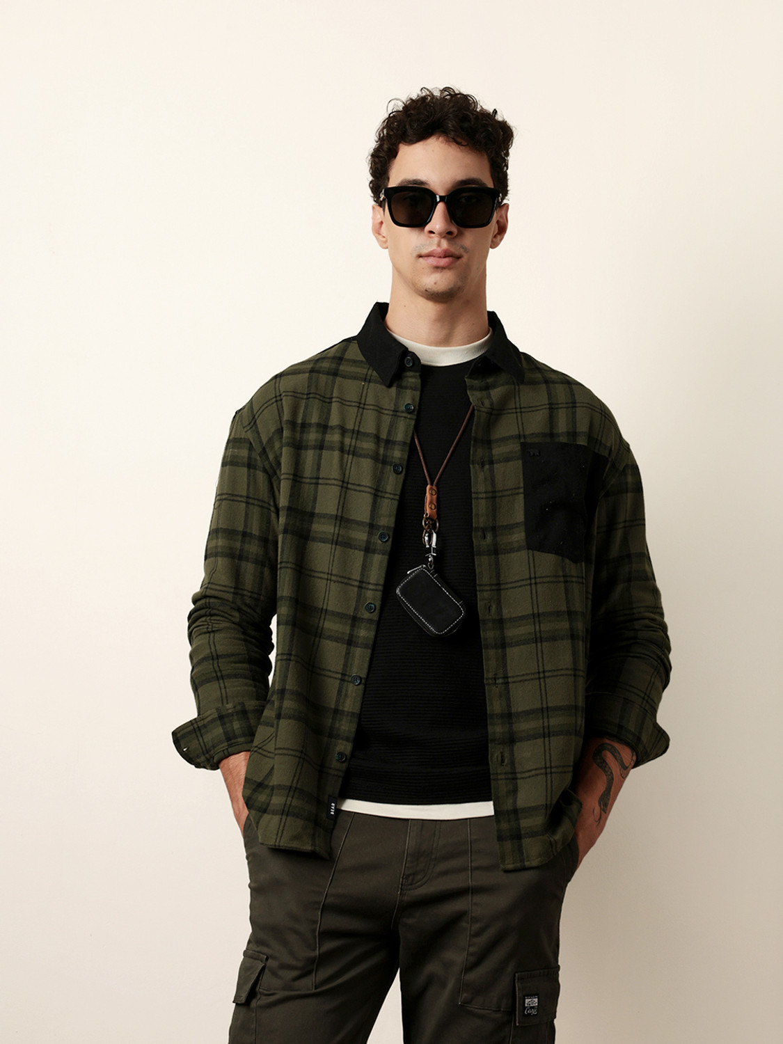 Image of THE BEAR HOUSE Men Checkered Casual Green Shirt