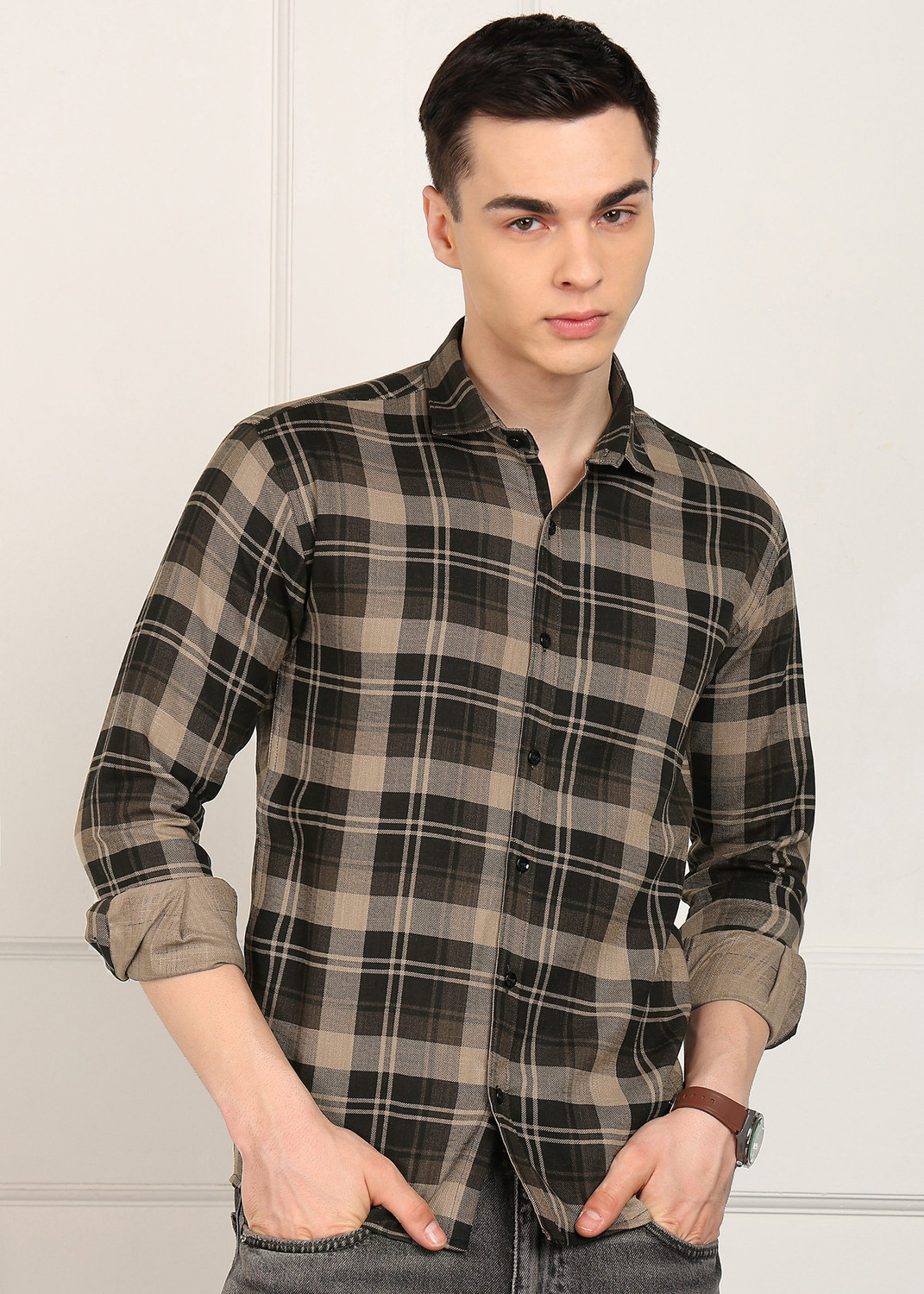 Image of METRONAUT Men Checkered Casual Brown Shirt