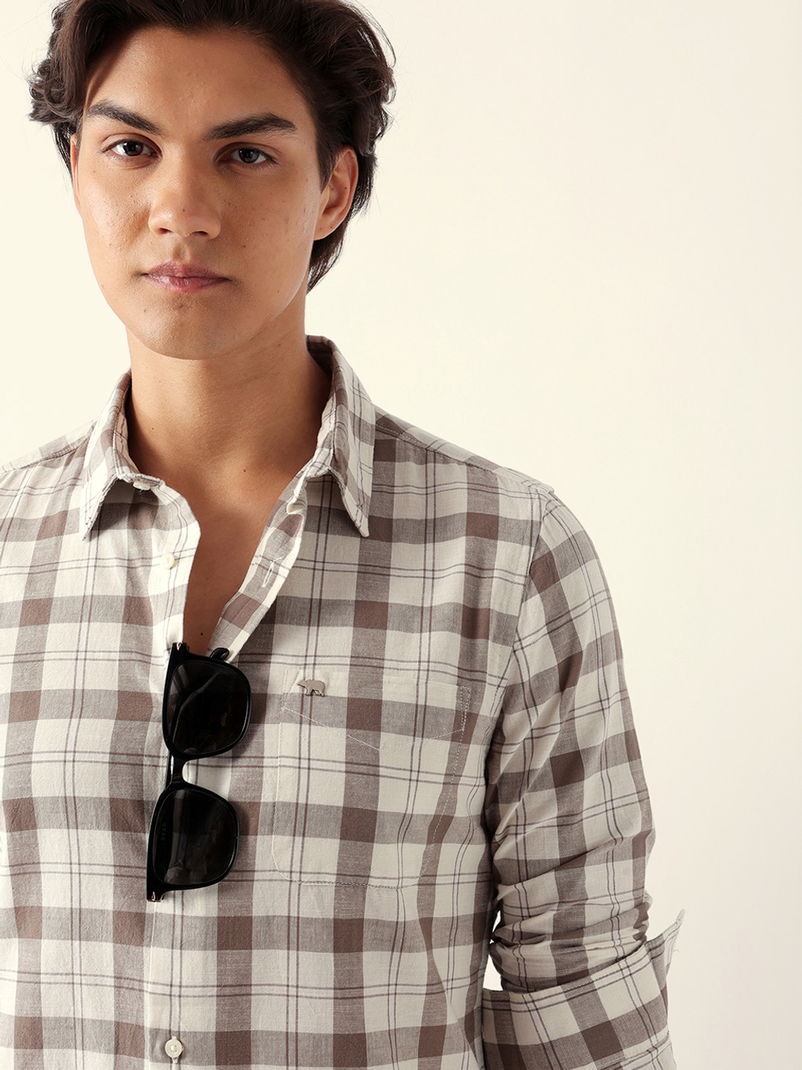 Image of THE BEAR HOUSE Men Checkered Casual Cream Shirt