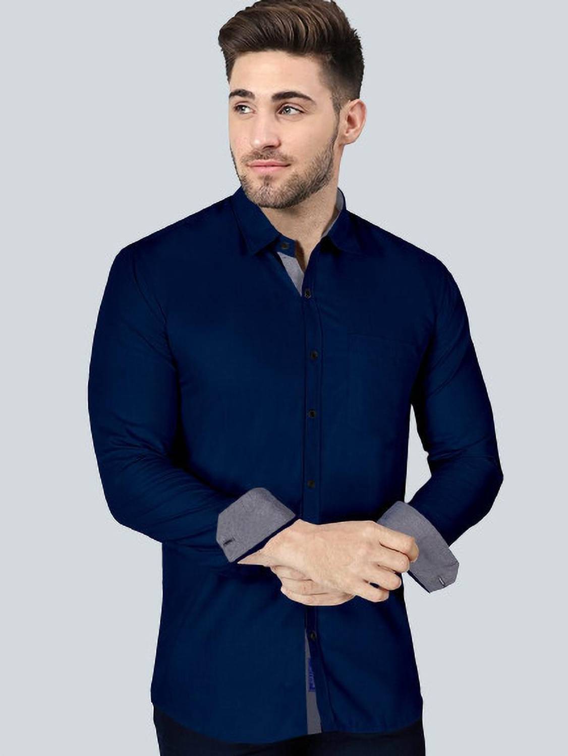 BroMiyO Men Solid Casual Dark Blue Shirt