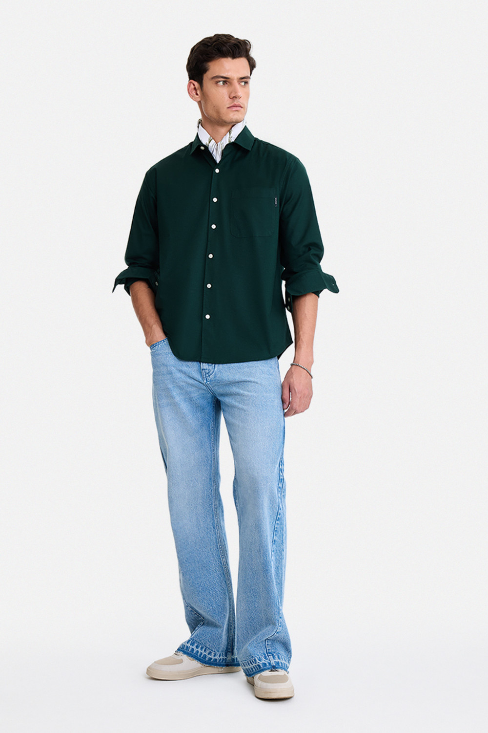 Image of Snitch Men Solid Casual Dark Green Shirt
