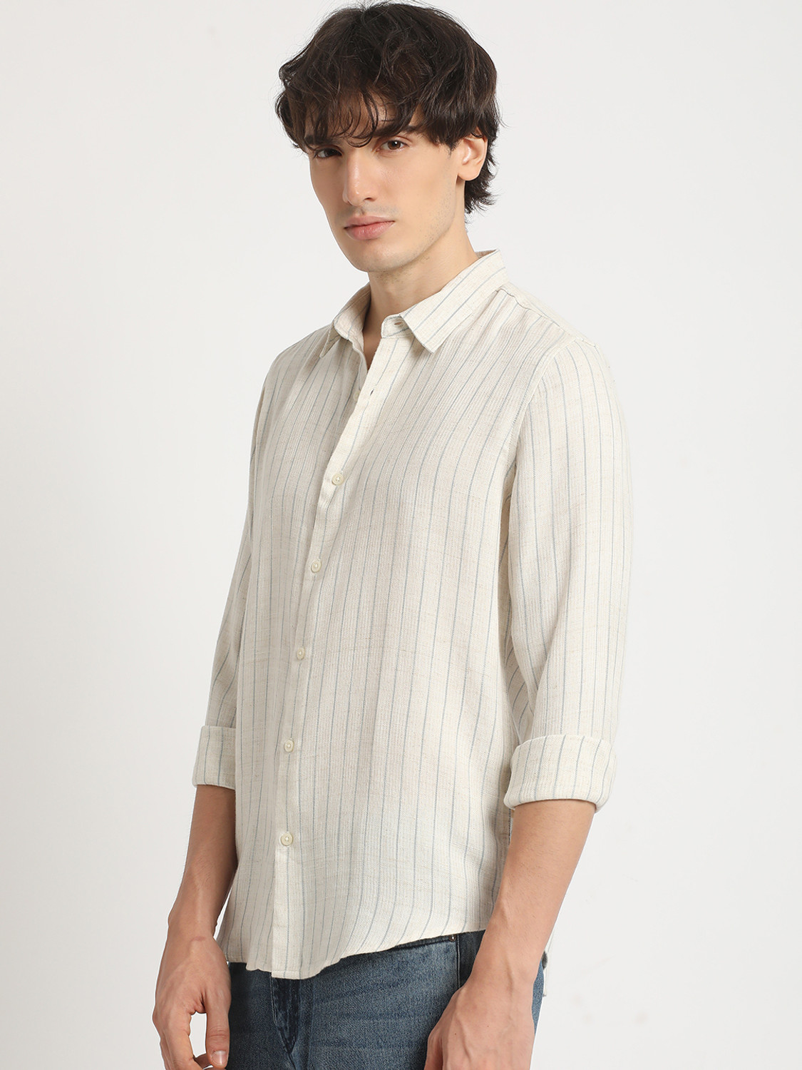 Image of THE BEAR HOUSE Men Striped Casual Beige Shirt