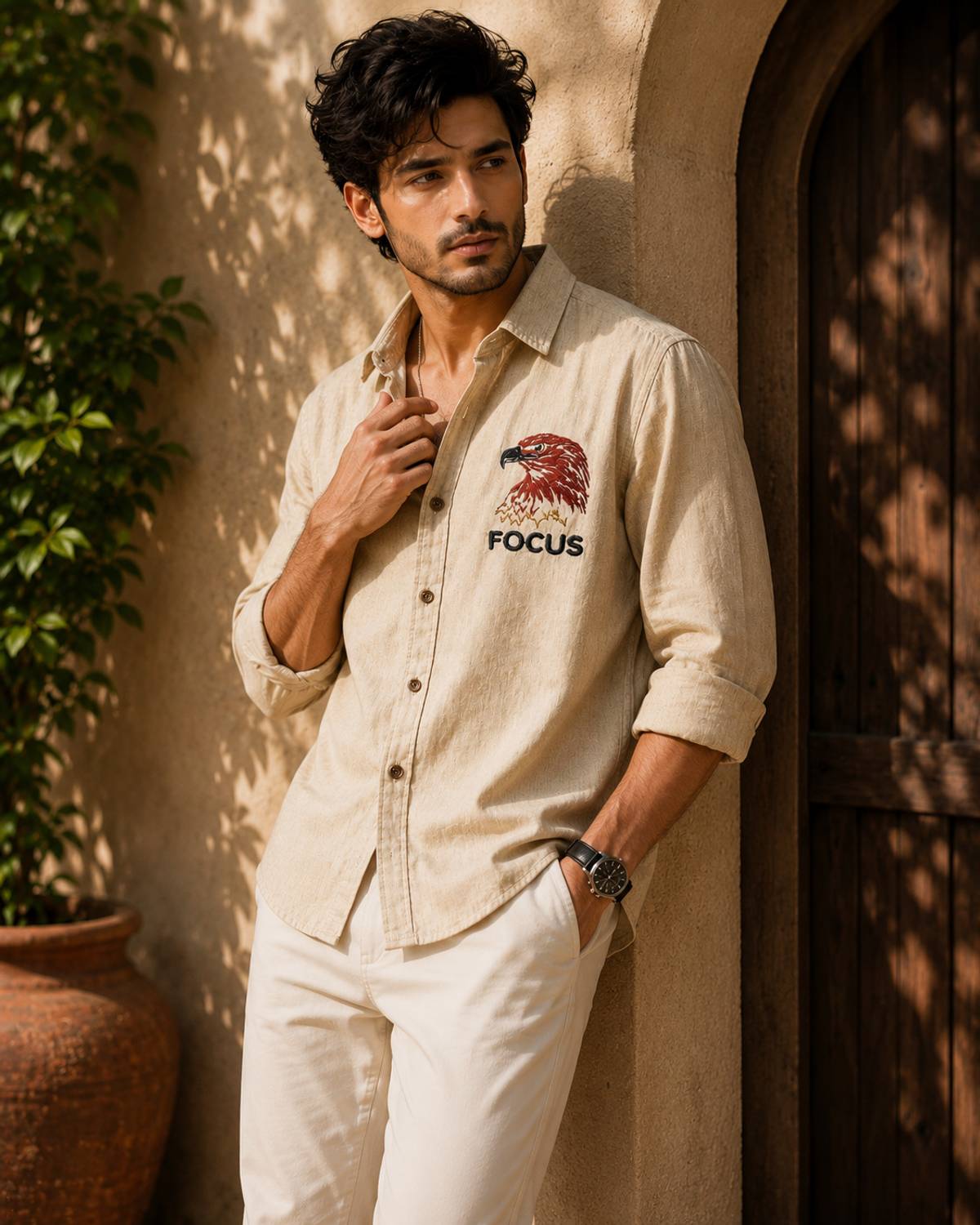 WUXI Men Embroidered Casual Beige Shirt - Image 3