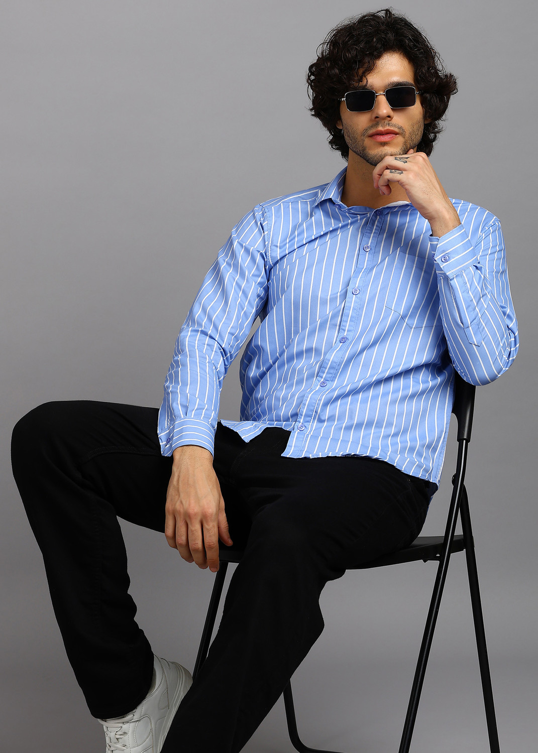 Image of RODEIZ Men Striped Casual Blue Shirt