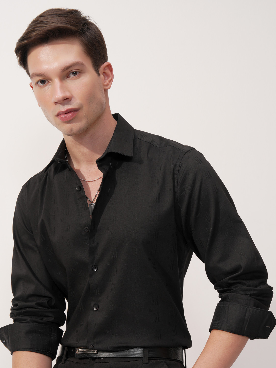 Image of HIGHLANDER Men Self Design Casual Black Shirt
