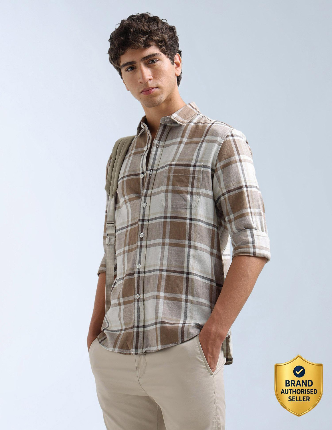 Image of FLYING MACHINE Men Checkered Casual Beige Shirt
