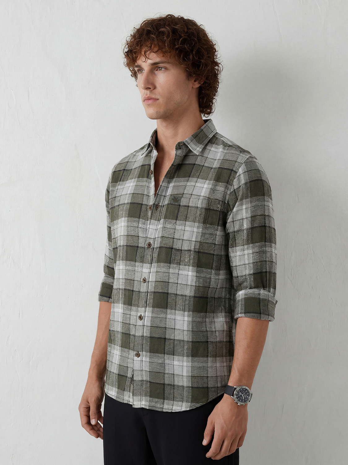 Image of WROGN Men Checkered Casual Green Shirt