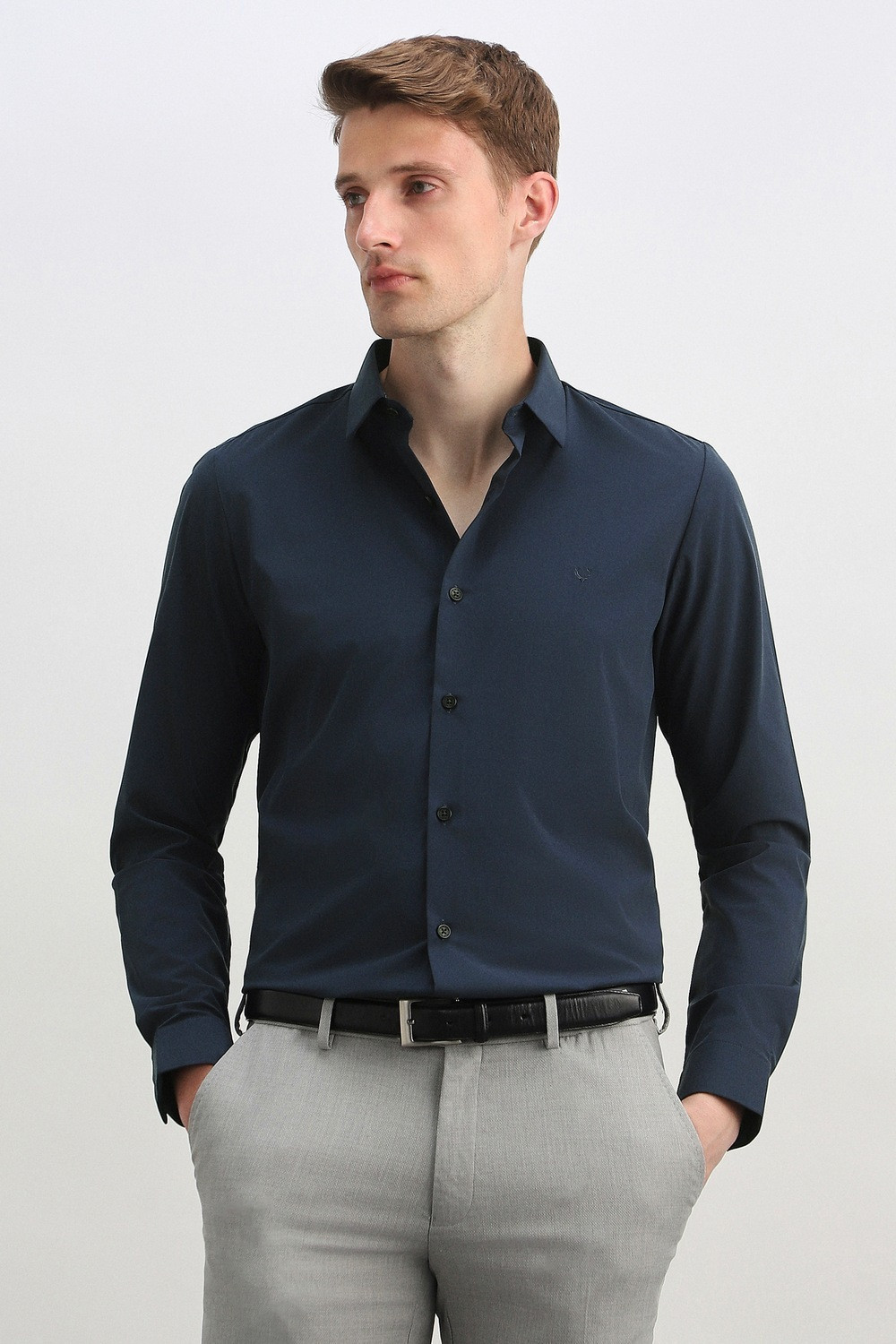 Image of Allen Solly Men Solid Formal Dark Blue Shirt