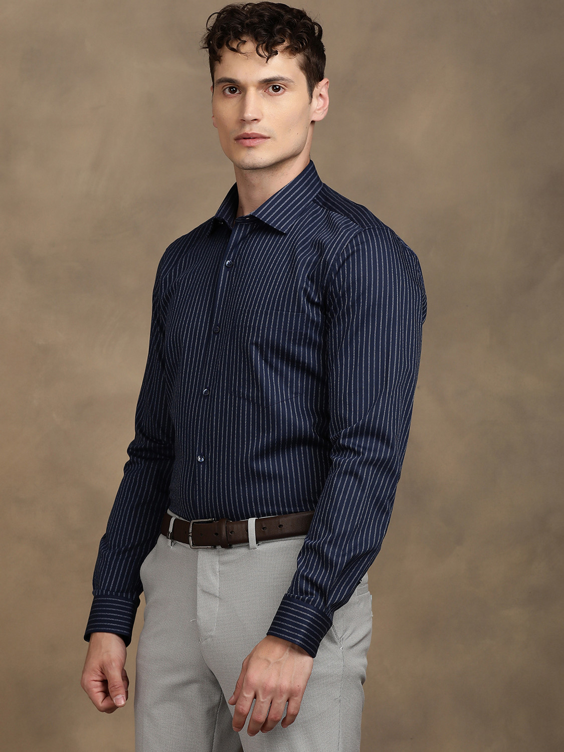 Image of TURTLE Men Striped Formal Blue Shirt