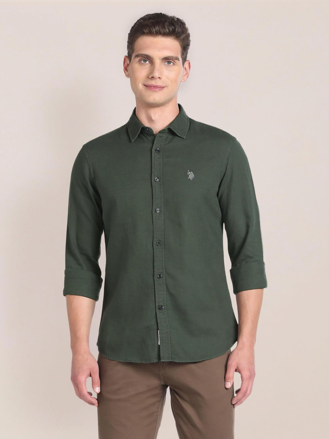 Image of U.S. POLO ASSN. Men Solid Casual Green Shirt
