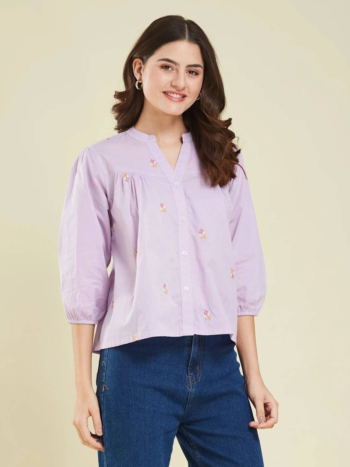 J TURRITOPSIS Women Embroidered Casual Purple Shirt