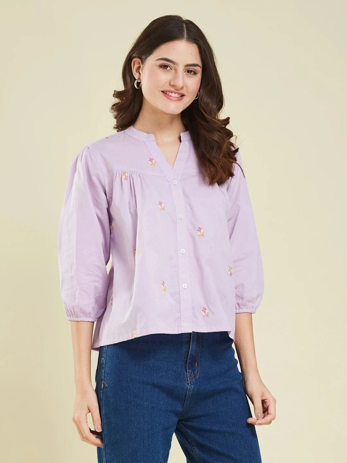 Image of J TURRITOPSIS Women Embroidered Casual Purple Shirt