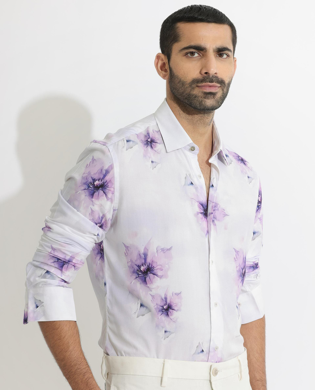 Image of RARE RABBIT Men Printed Casual White Shirt