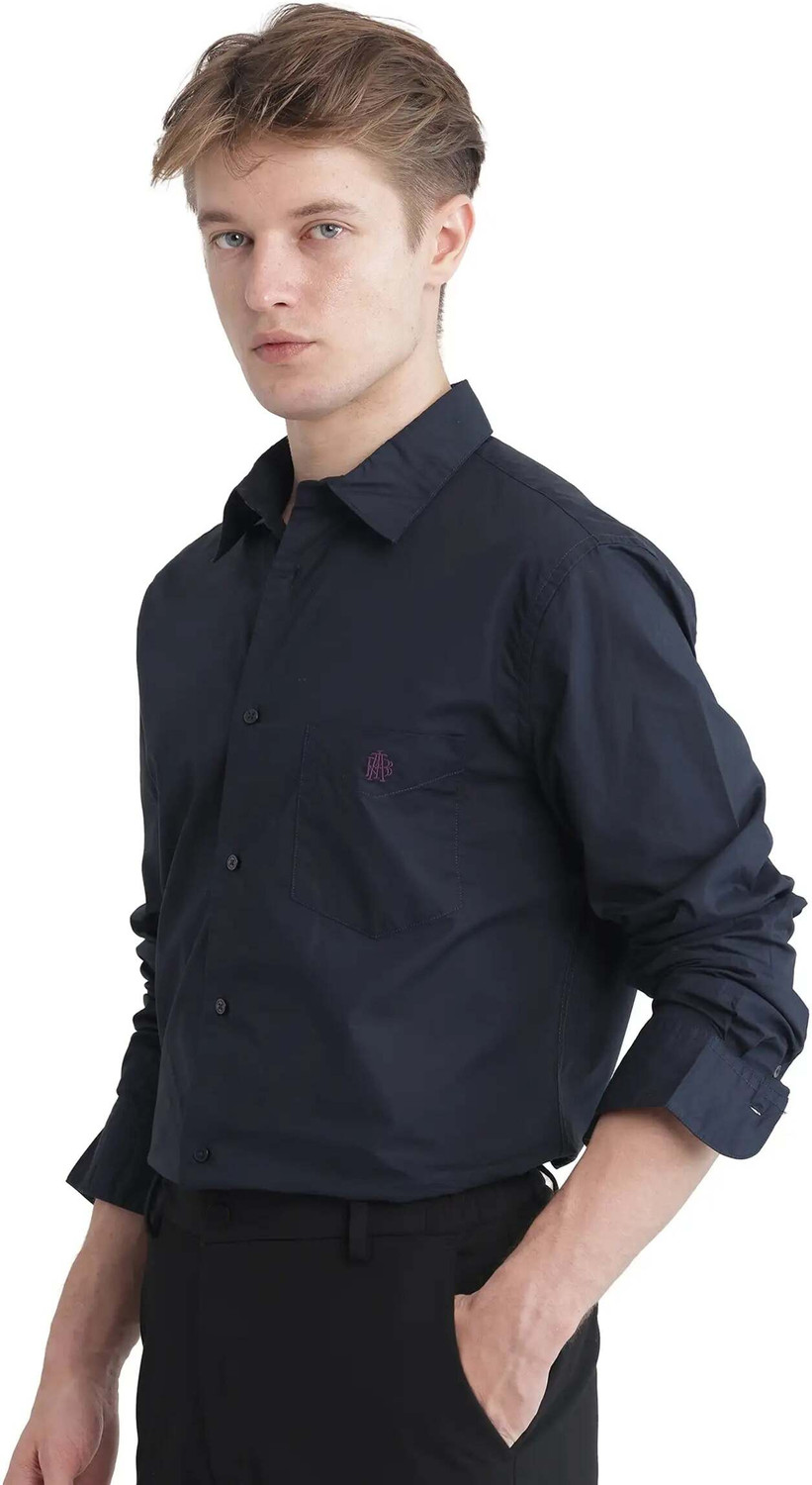 Image of RARE RABBIT Men Solid Casual Dark Blue Shirt