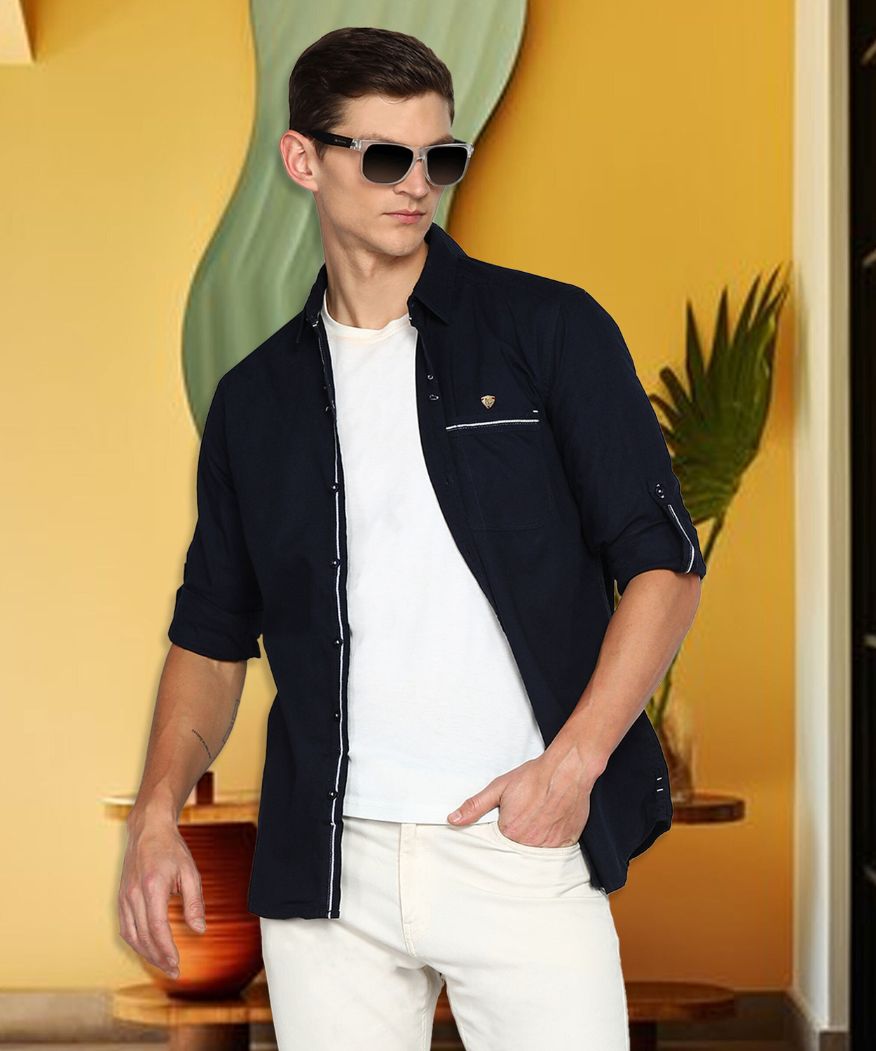 Image of KUONS AVENUE Men Solid Casual Dark Blue Shirt