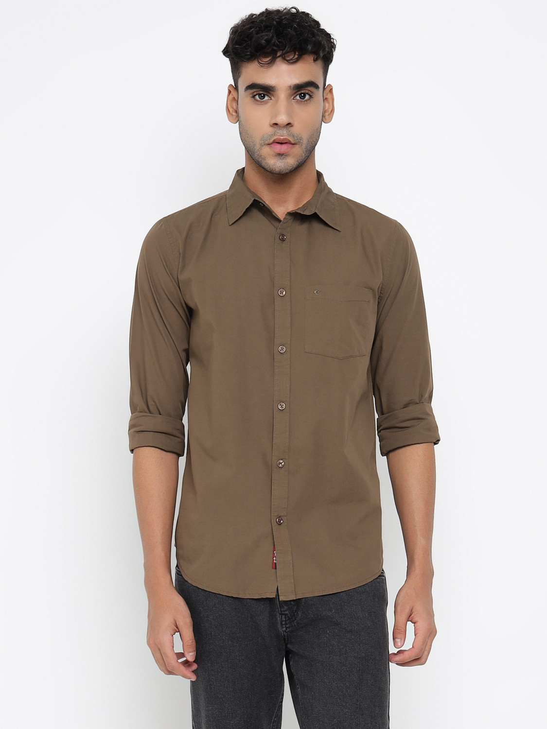 Image of Allen Cooper Men Solid Casual Brown Shirt