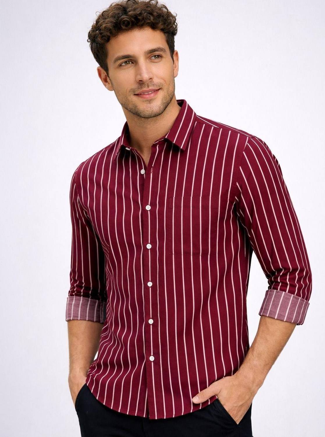 CAMBREEN Men Striped Casual Maroon Shirt