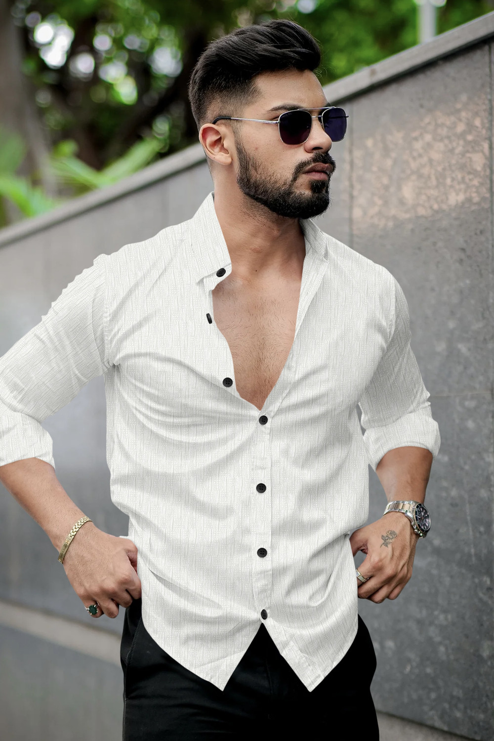 Image of VELLOSTA Men Self Design Casual White Shirt