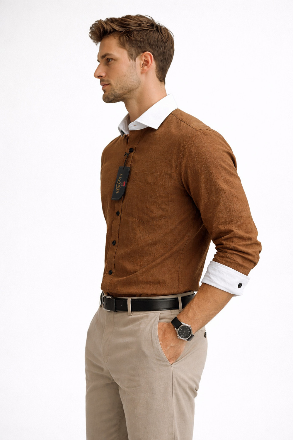 Image of LEVINTA Men Solid Casual Brown Shirt