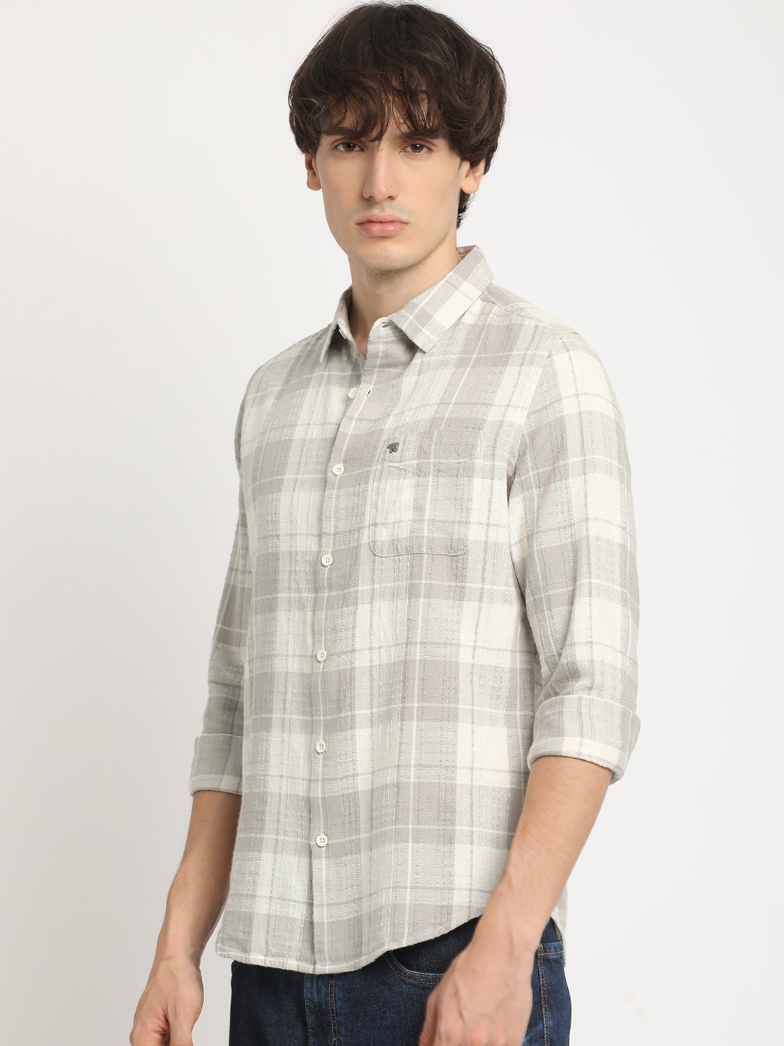 Image of THE BEAR HOUSE Men Checkered Casual Grey Shirt