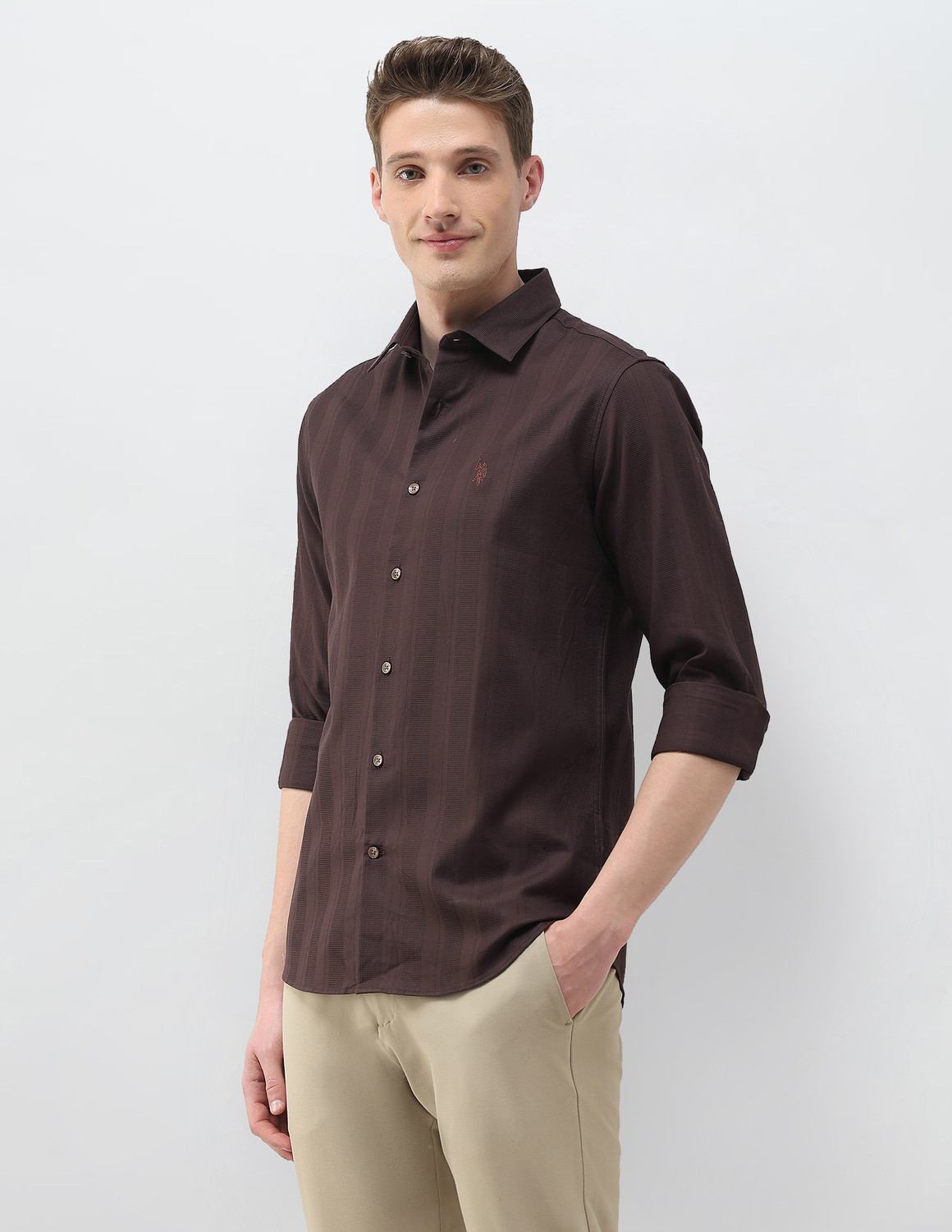 Image of U.S. POLO ASSN. Men Self Design Casual Brown Shirt