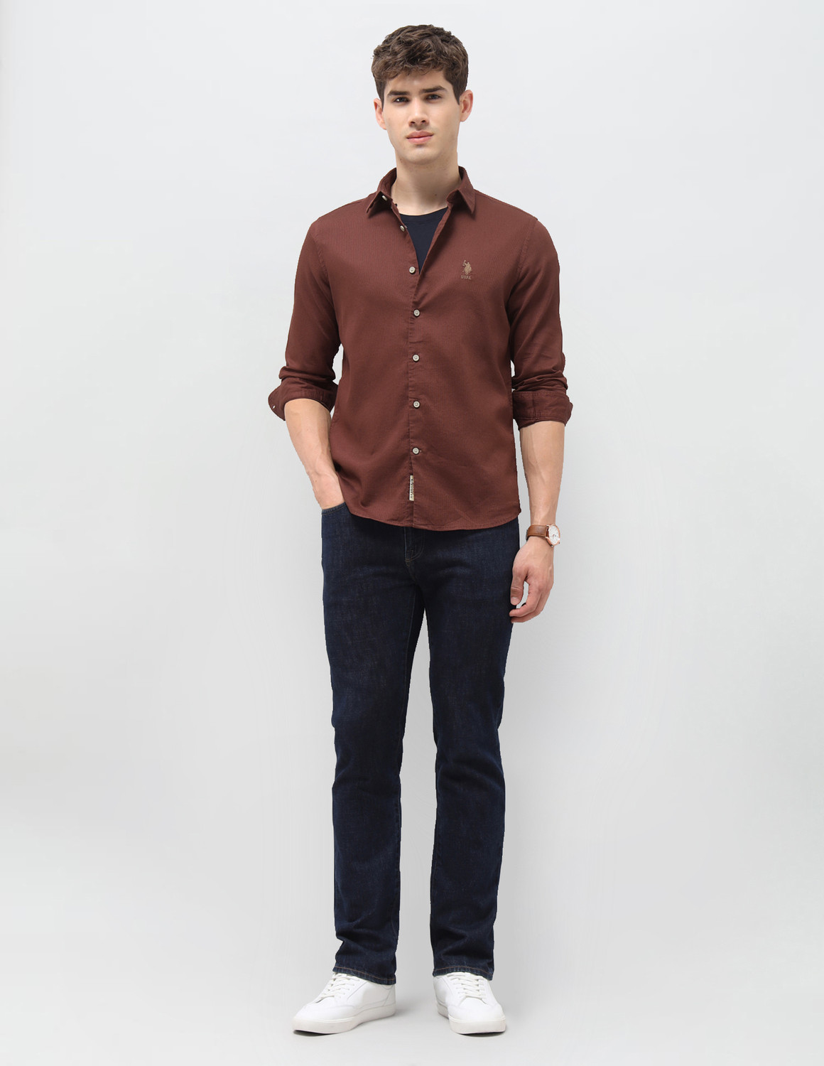 Image of U.S. Polo Assn. Denim Co. Men Solid Casual Brown Shirt