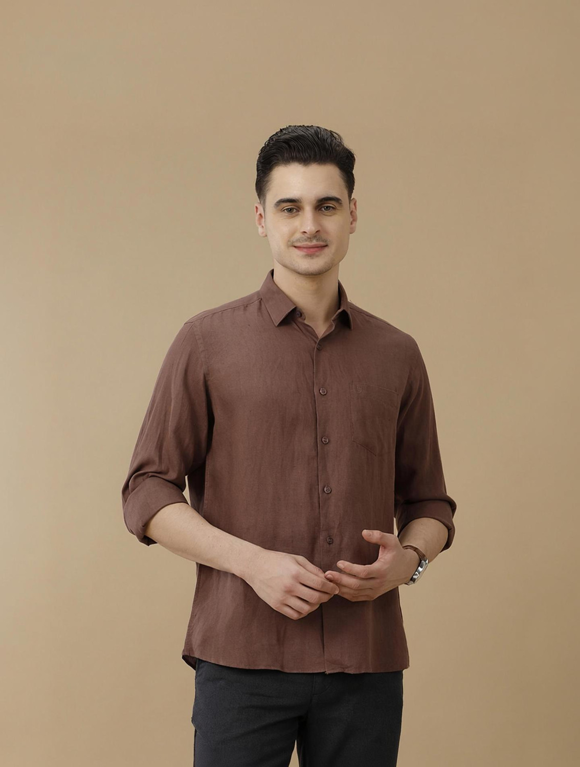 Image of Linen Club Men Solid Casual Brown Shirt