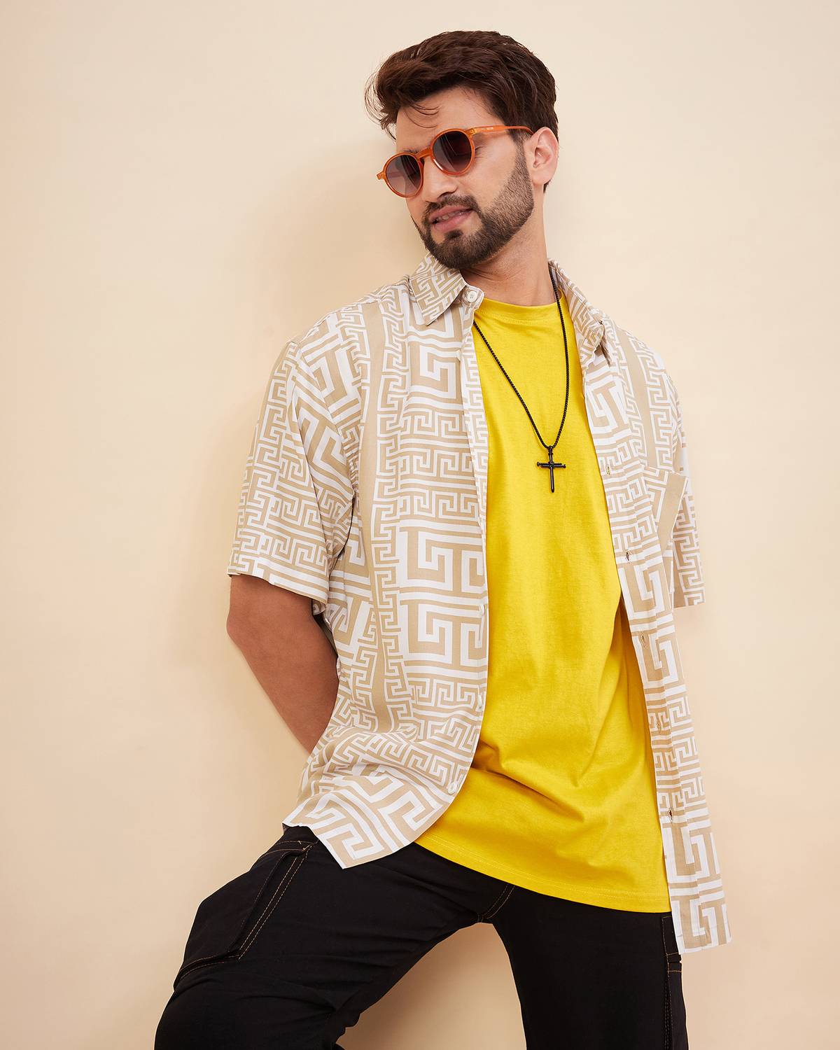 Chimpaaanzee Men Striped Casual Beige Shirt