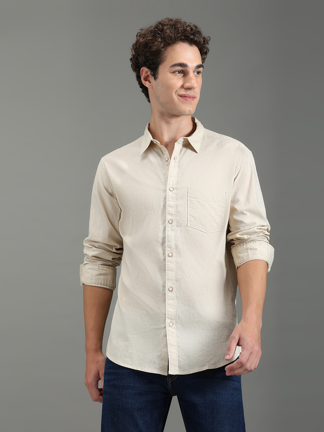 Image of Pepe Jeans Men Solid Casual Beige Shirt