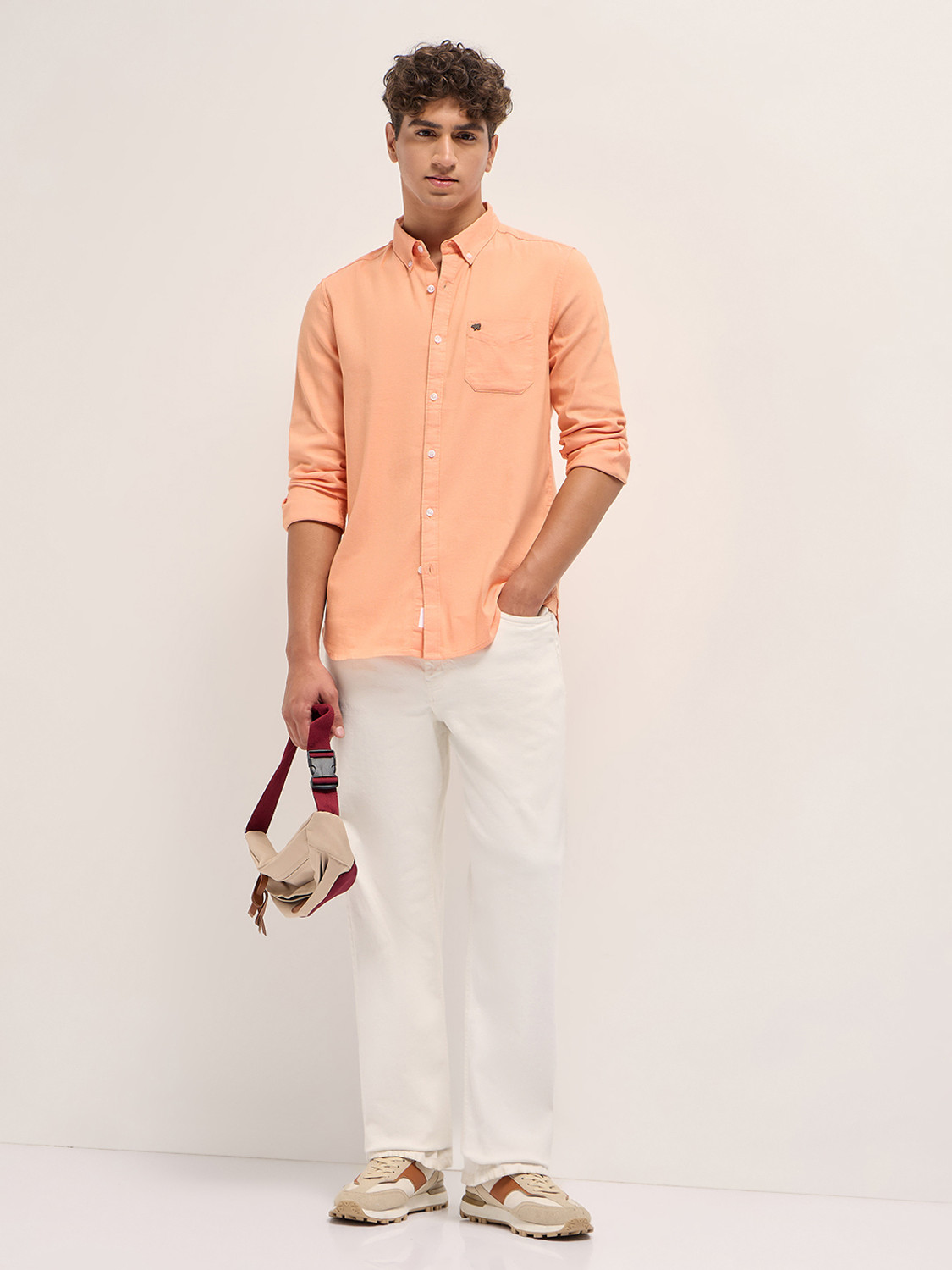 Image of THE BEAR HOUSE Men Solid Casual Orange Shirt