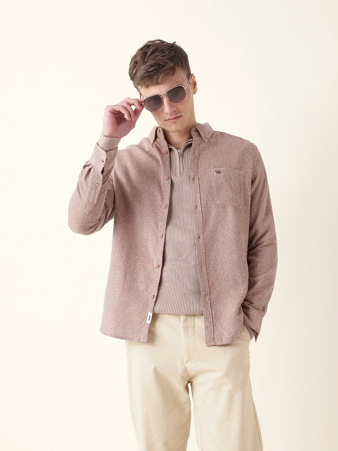 Image of THE BEAR HOUSE Men Self Design Casual Pink Shirt