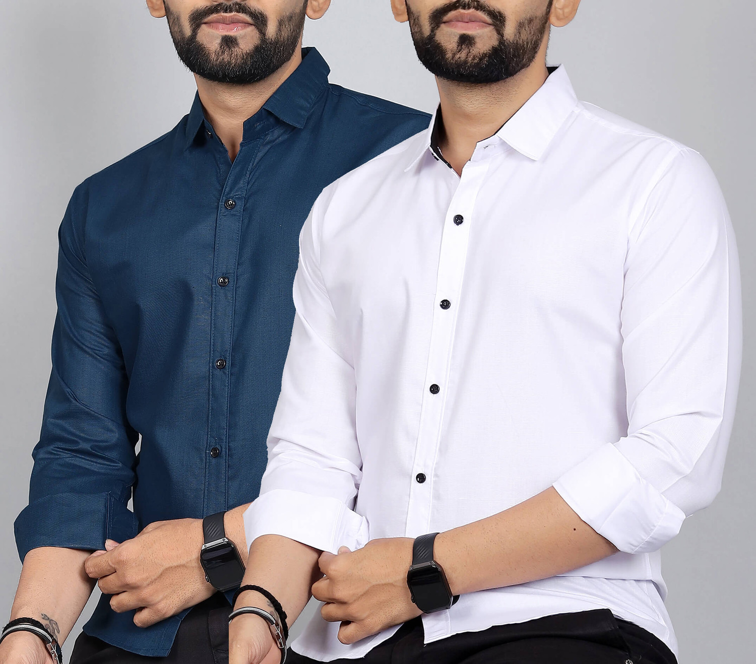 Image of Blue dove Men Solid Casual Dark Blue, White Shirt