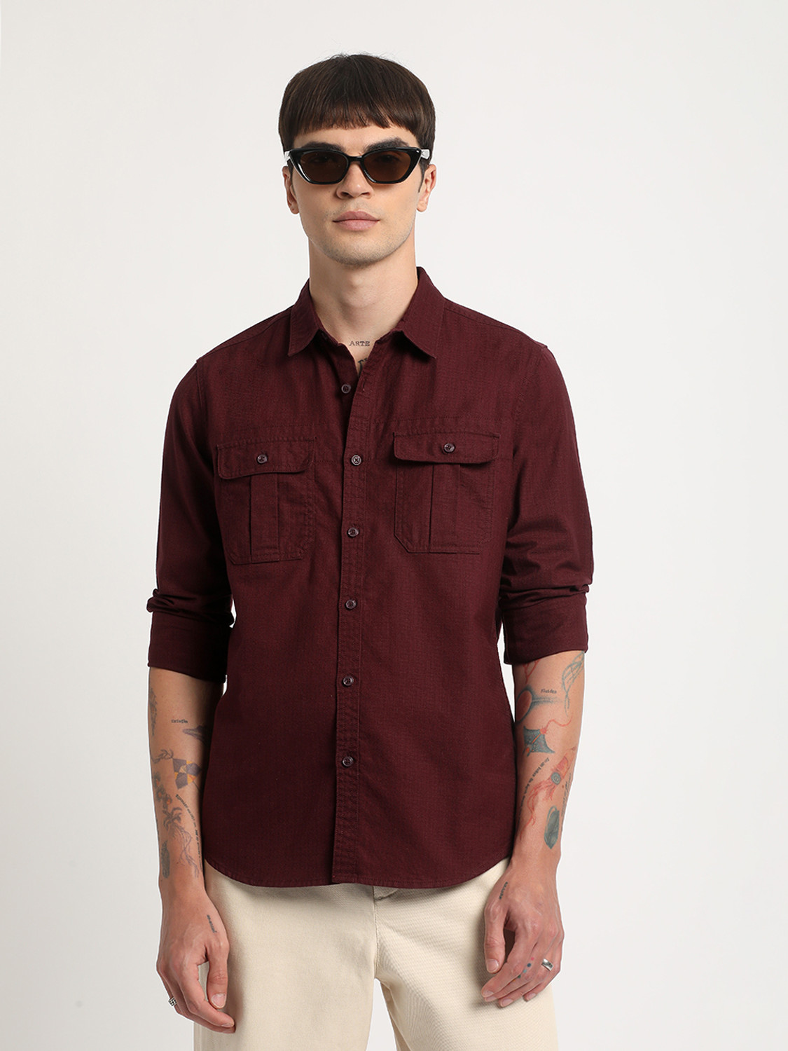Image of THE BEAR HOUSE Men Solid Casual Maroon Shirt