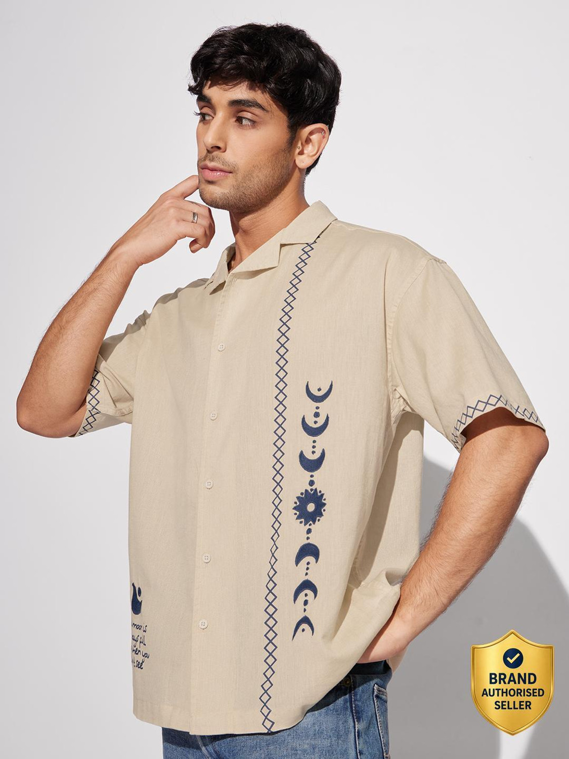Image of The Souled Store Men Embroidered Casual Beige Shirt