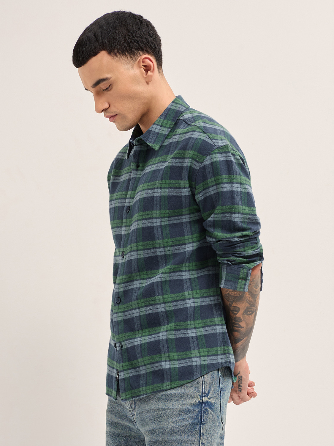 Image of THE BEAR HOUSE Men Checkered Casual Blue Shirt