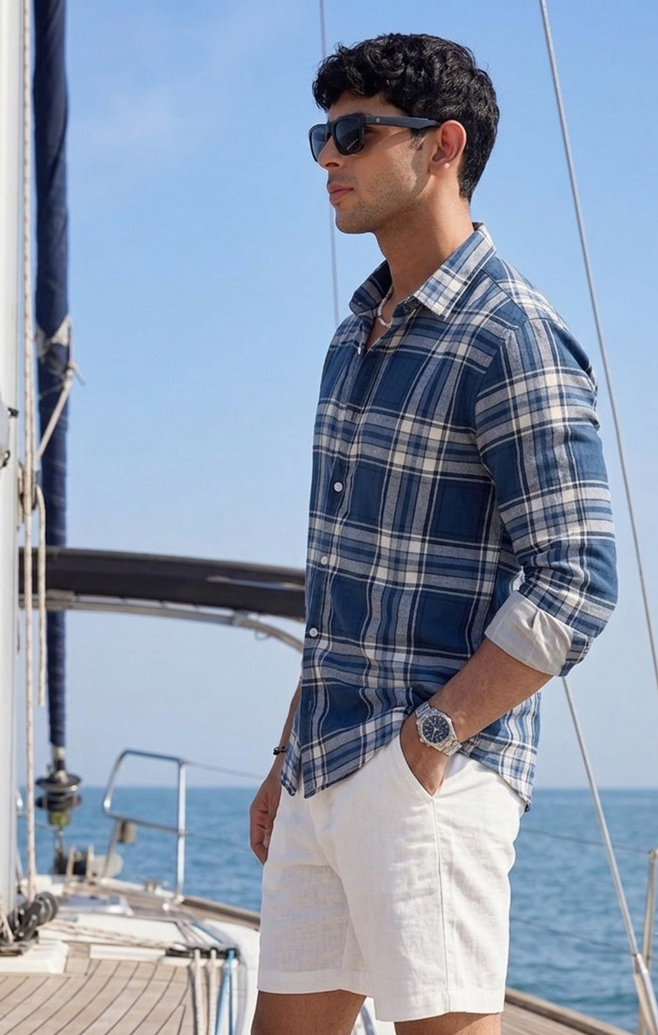 Image of Roadster Men Checkered Casual Blue, White Shirt