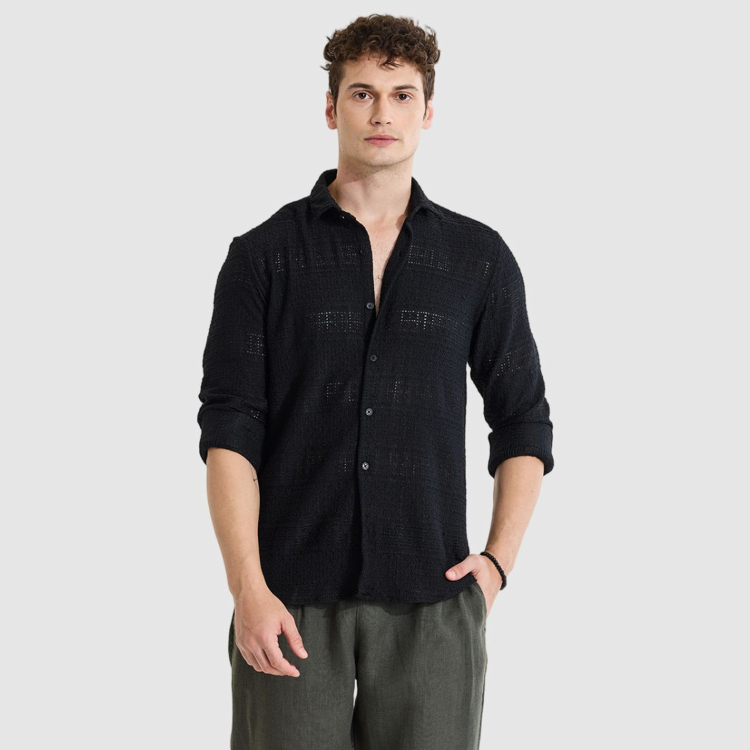 Image of Snitch Men Self Design Casual Black Shirt