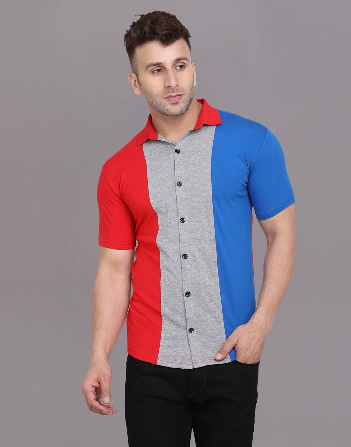 Lawful Casual Men Solid Casual Silver, Red, Blue Shirt