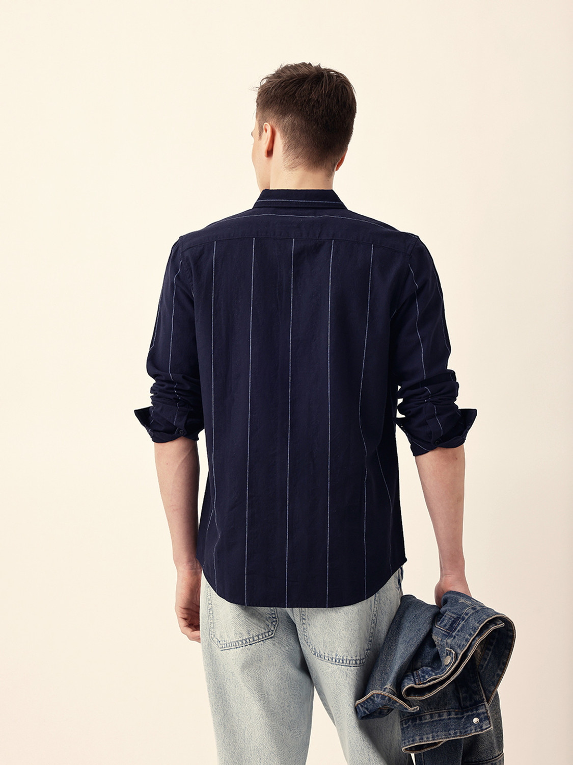 Image of THE BEAR HOUSE Men Striped Casual Dark Blue Shirt
