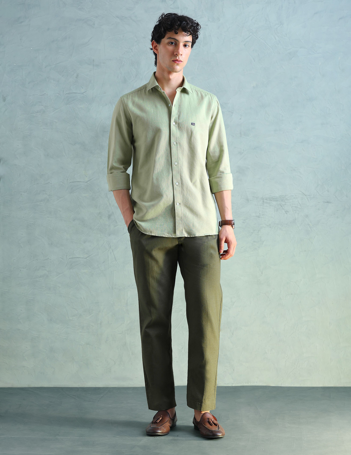 Image of Arrow Sport Men Solid Formal Green Shirt