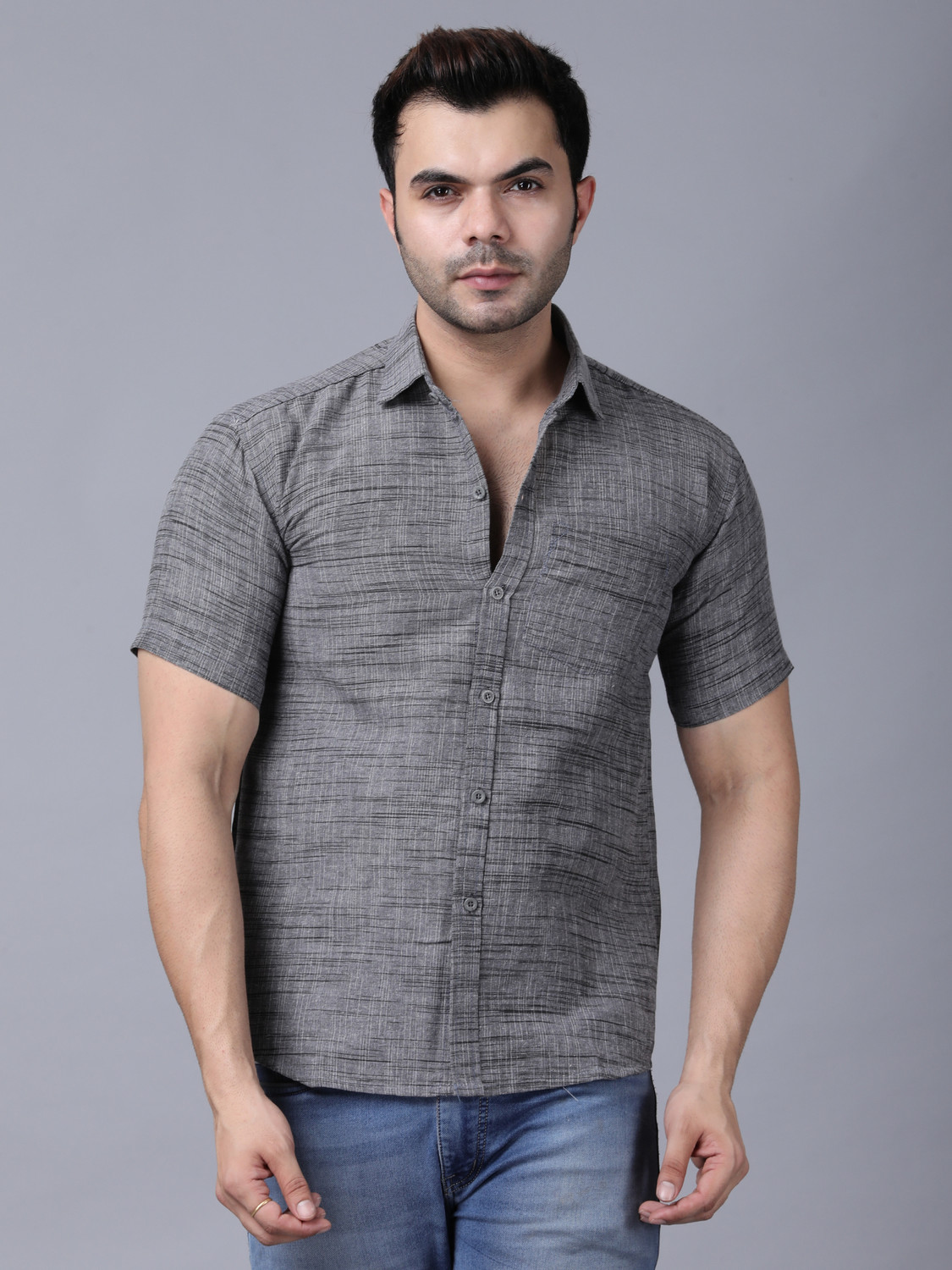 Image of TRADITIQUE Men Self Design Casual Grey Shirt