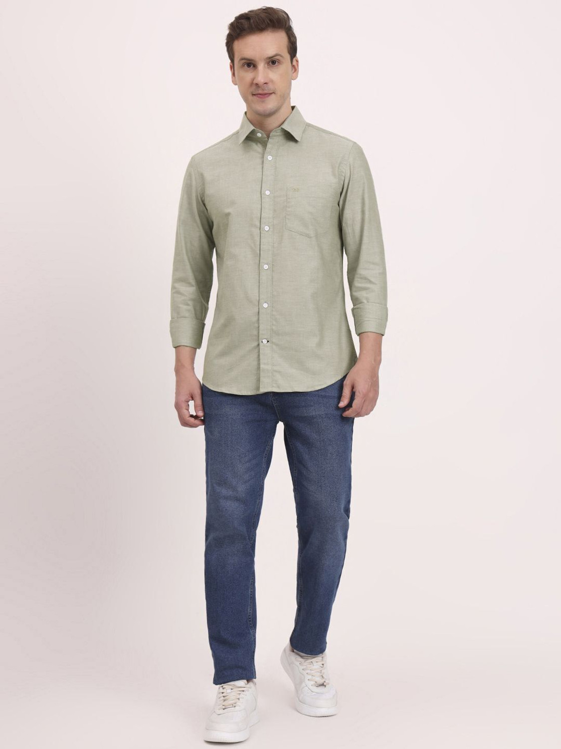 Image of HOUSE OF TWENTY ONE Men Solid Casual Light Green Shirt