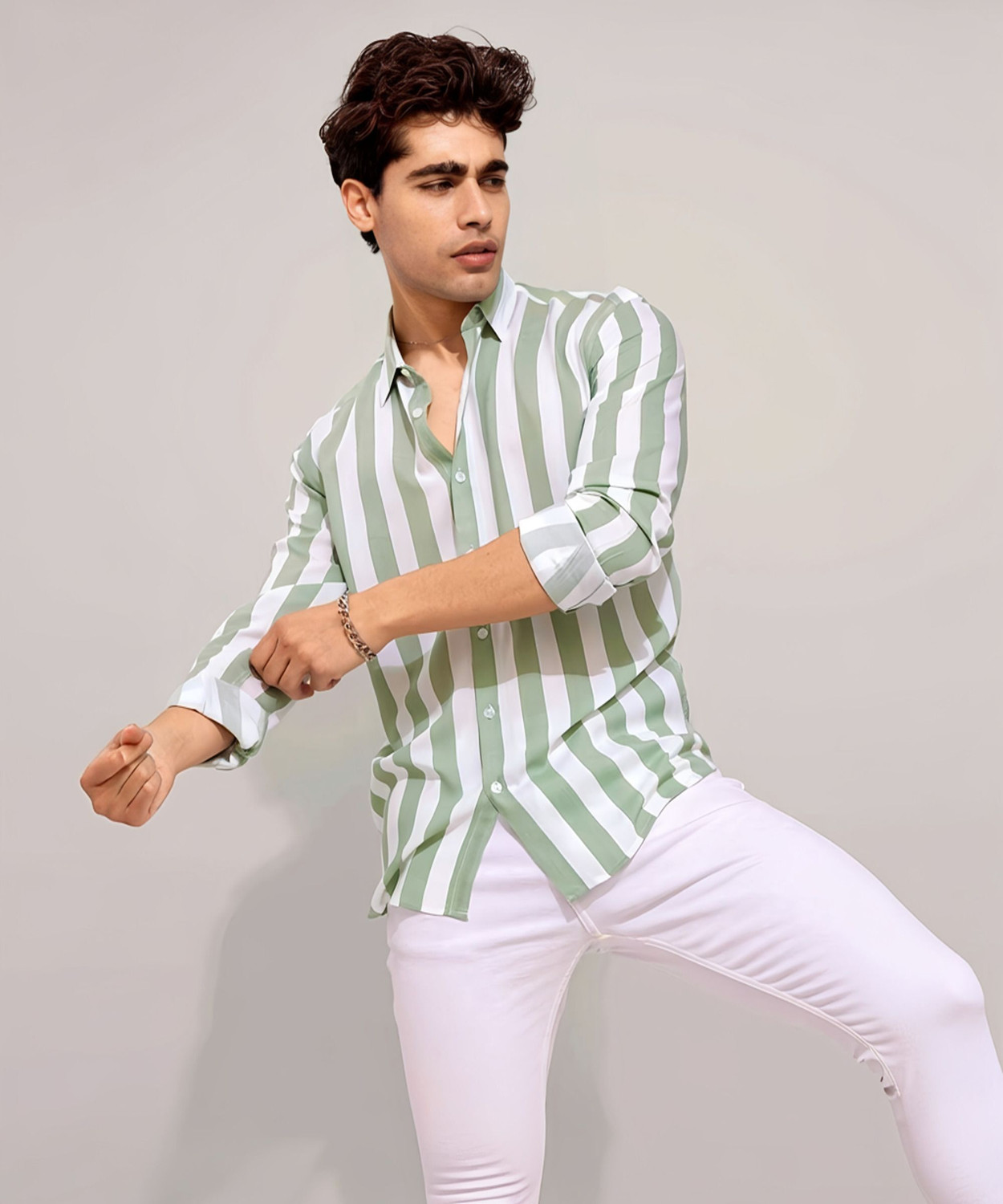 Image of Surhi Men Striped Casual Light Green Shirt
