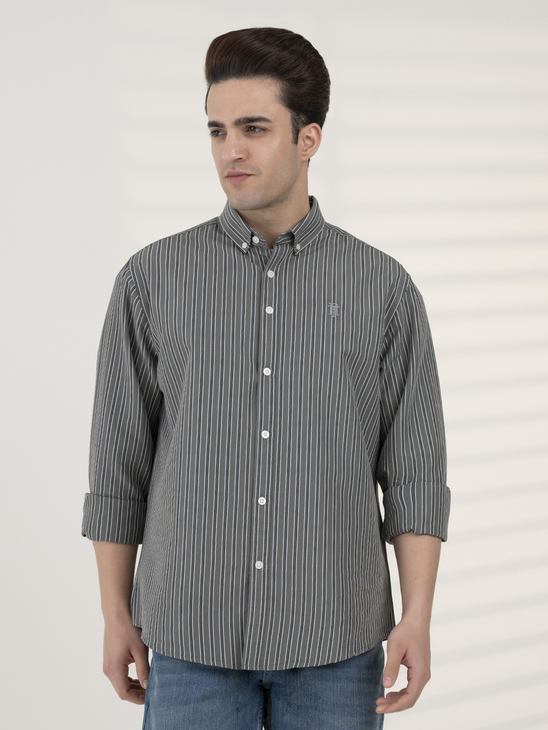 Image of REDTAPE Men Striped Casual Green Shirt