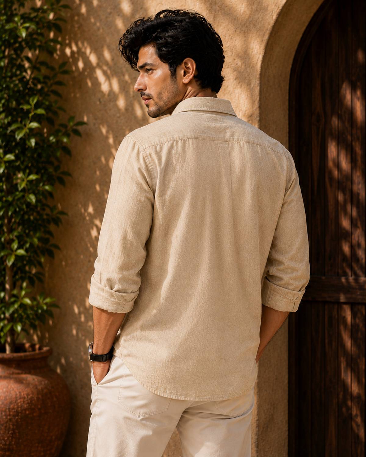 WUXI Men Embroidered Casual Beige Shirt - Image 4