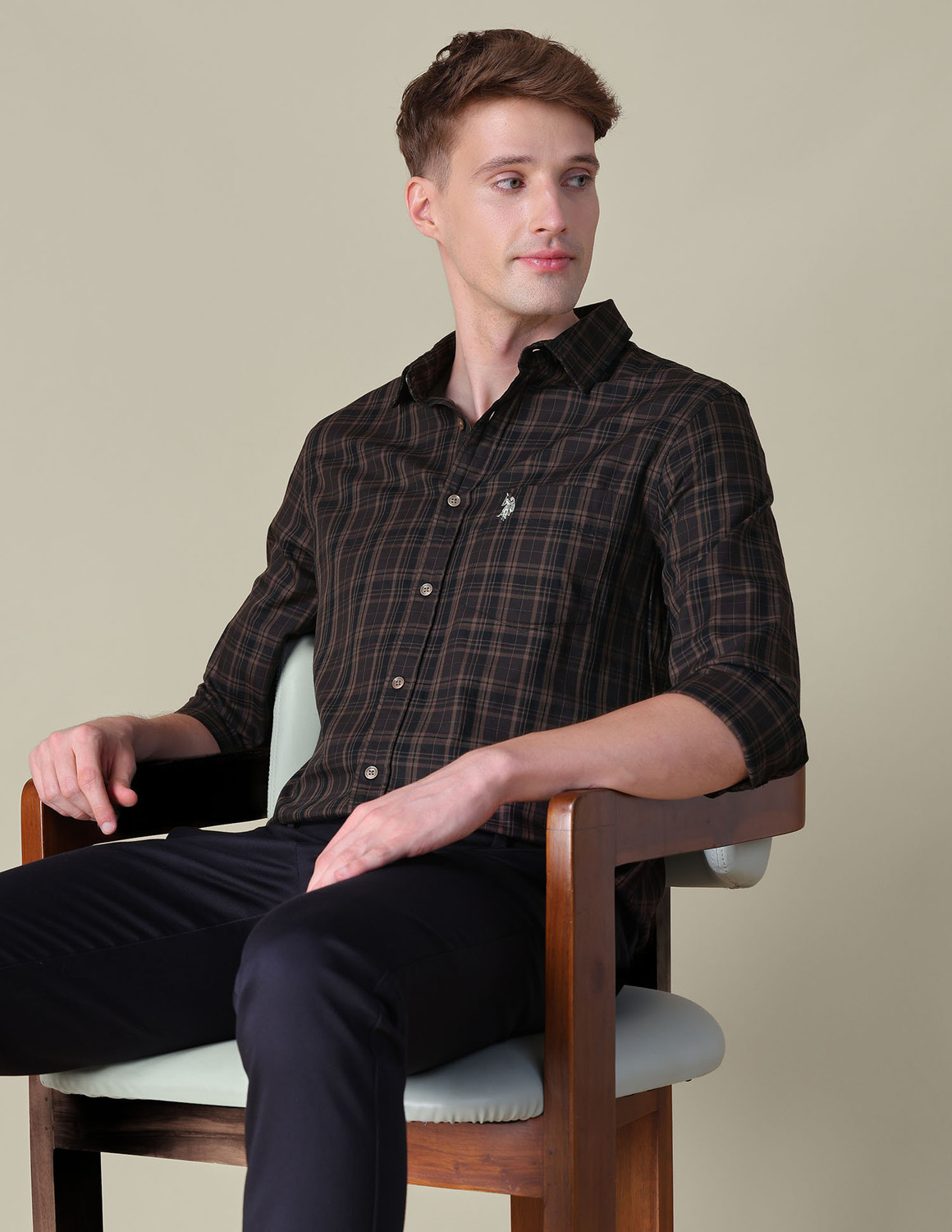 Image of U.S. POLO ASSN. Men Checkered Casual Brown Shirt