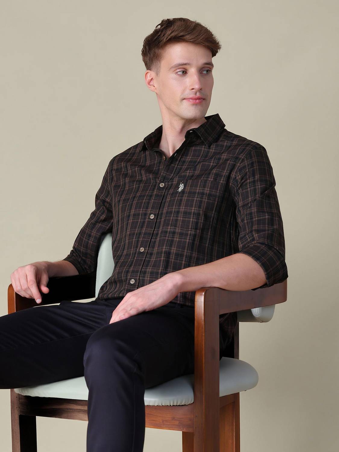 U.S. POLO ASSN. Men Brown Checkered Casual Shirt - Image 1