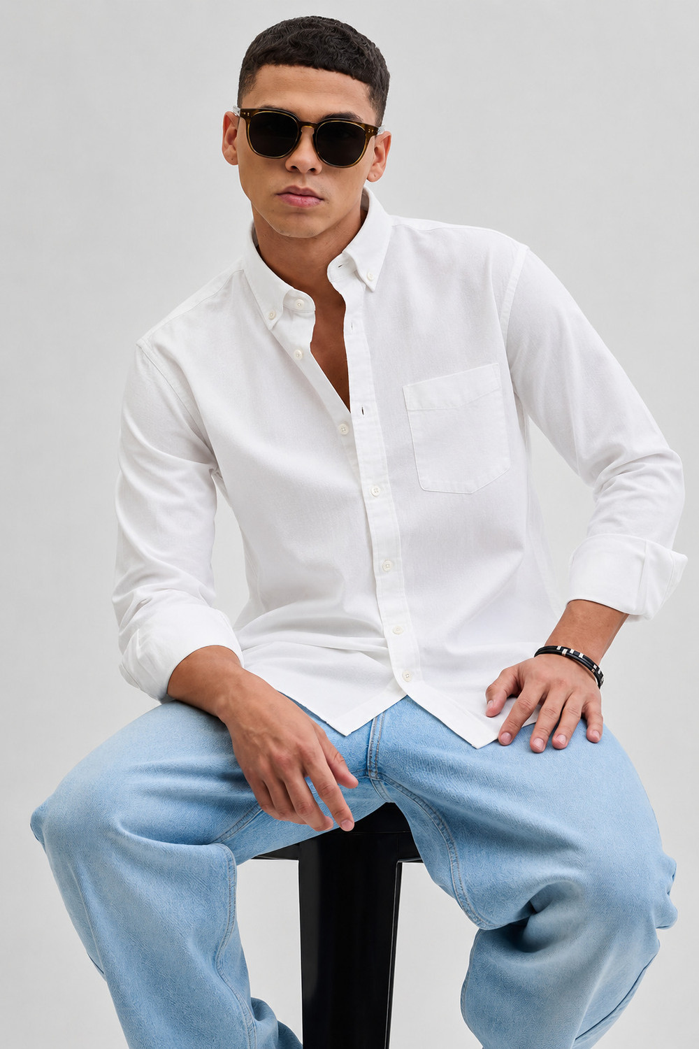Image of VAIDDO Men Solid Casual White Shirt